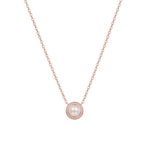 Pearlfect: Pearl & Crystal Halo Pendant Necklace in Rose Gold Vermeil in 925 Sterling Silver