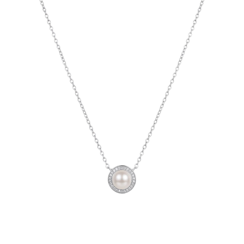 Pearlfect: Pearl & Crystal Halo Pendant Necklace in 925 Sterling Silver