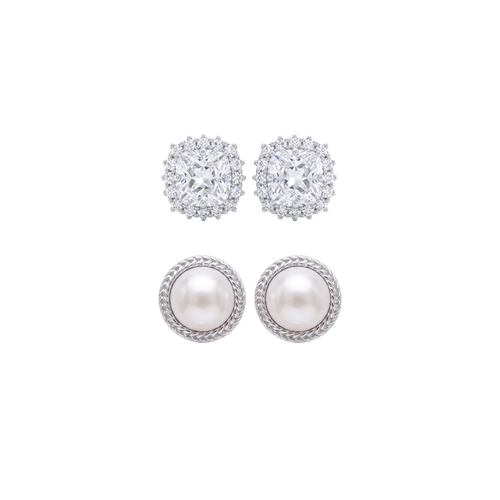 Classic Cushion Cut Halo Stud Compo Set of 2 Earrings in 925 Sterling Silver