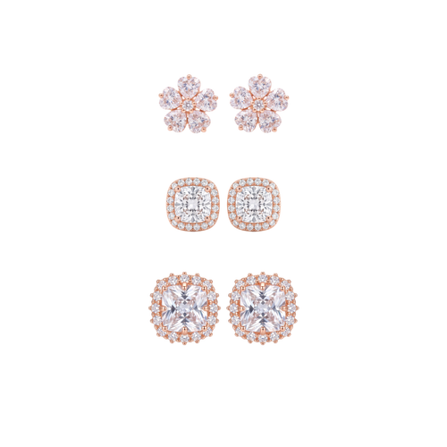 Rose Gold Cushion Cut Halo Compo Set of 3 Earrings in 925 Sterling Silver