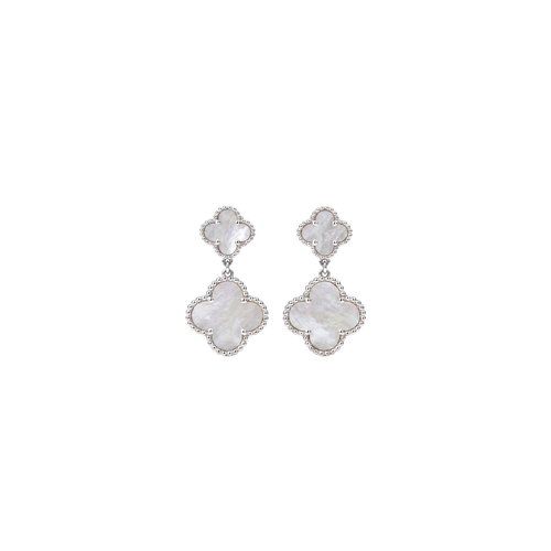 Bellecour: Mother of Pearl Quatrefoil Drop Earrings in 925 Sterling Silver