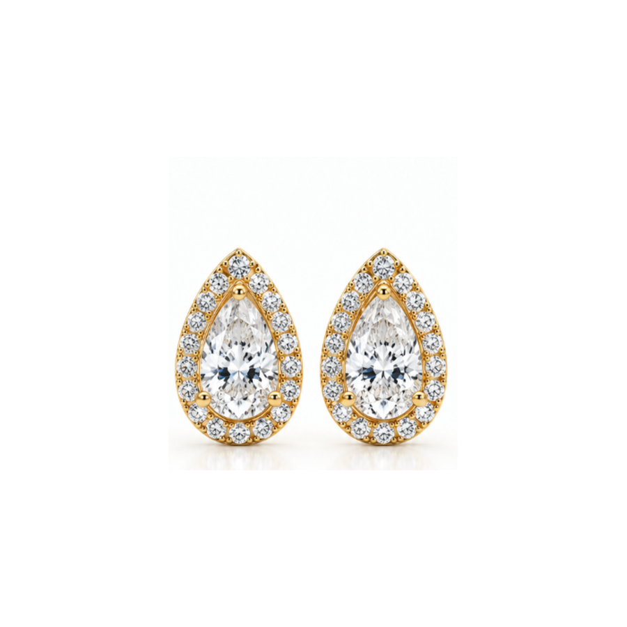 Dewkiss Pear Halo Lab-Grown Diamond Stud Earrings Gold Vermeil