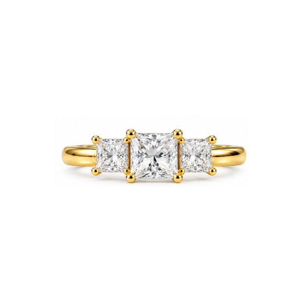 Bel Coeur: Three-Stone Princess-Cut Lab-Grown Diamond Ring in Gold Vermeil