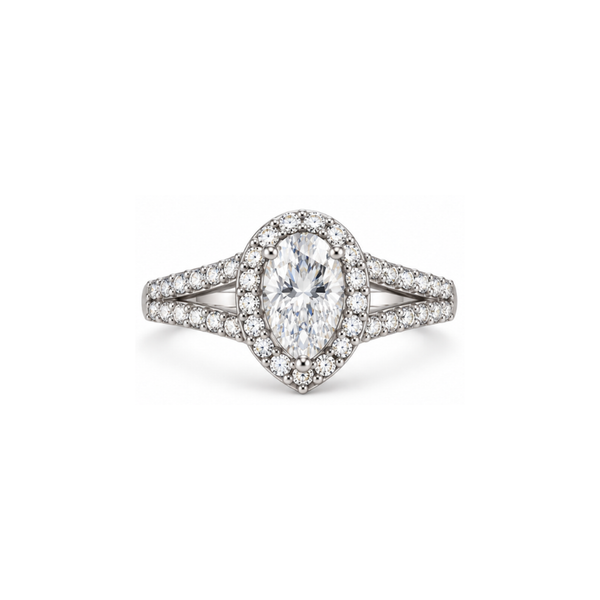 Valenne: Oval Halo Split-Shank Lab-Grown Diamond Ring in 925 Sterling Silver
