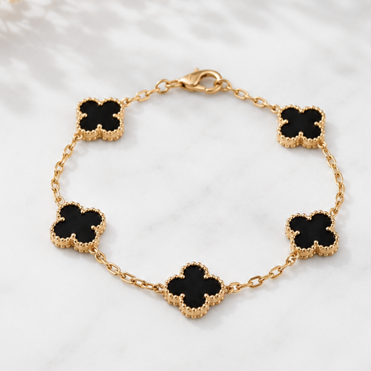 Noire: Black Quatrefoil Bracelet in Gold vermeil 925 Sterling Silver