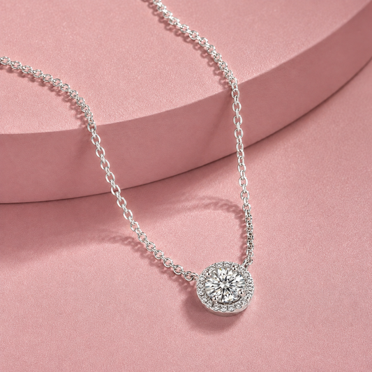 Clarion: Halo Solitaire Pendant Necklace in 925 Sterling Silver