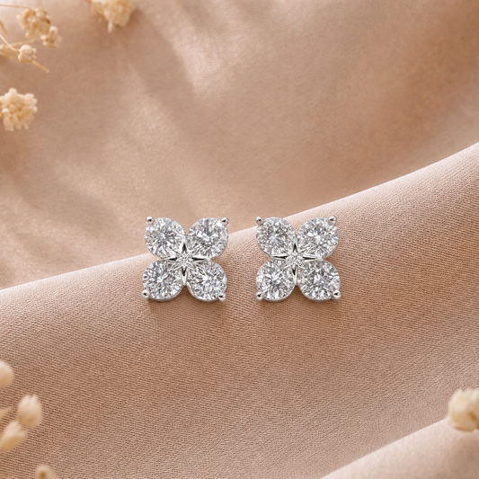 Four Leaf Clover Diamond Cluster Earrings in 925 Sterling Silver