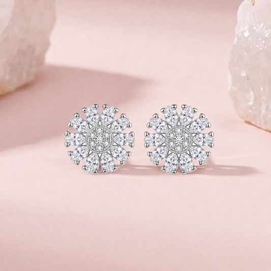 Solena: Floral Halo Stud Earrings in 925 Sterling Silver