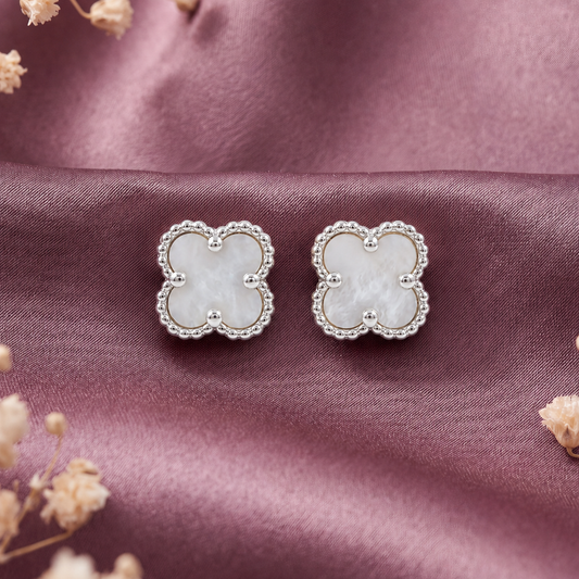 Alizee: Mother of Pearl Quatrefoil Stud Earrings in 925 Sterling Silver