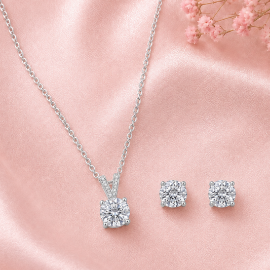 Finesse: Classic Solitaire Pendant & Stud Earrings Set in 925 Sterling Silver