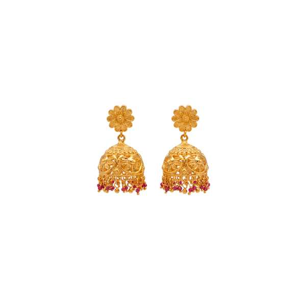 Charushila Ornate Floral Filigree Ruby Beaded Jhumka Earrings