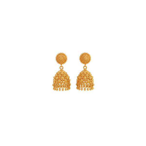 Svarnashri Ornate Floral Filigree Gold-Toned Jhumka Earrings