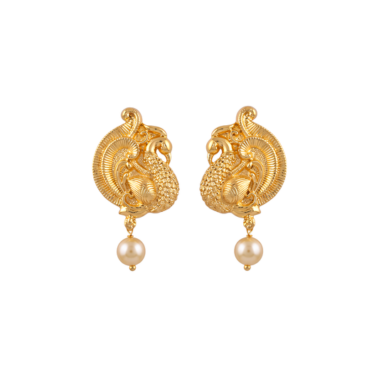 Mayuri Studs: Peacock Motif Pearl Drop Earrings