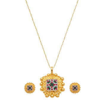 Kundanik Traditional Gold-Toned Floral Pendant Set with Matching Stud Earrings