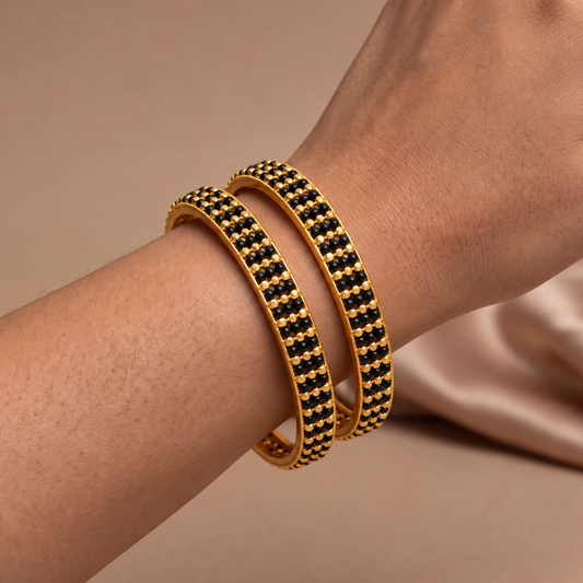 Traditional Black Bead Gold-Plated Bangles (2pcs)