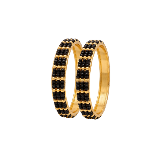 Gold-Plated Black Bead Bangles (2pcs)