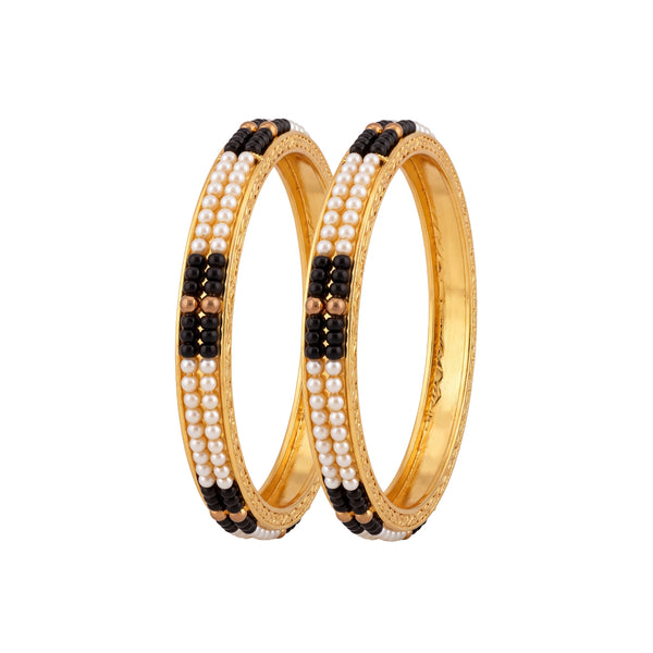 Gunji Traditional Gold-Toned Black Bead and Pearl Bangle Set