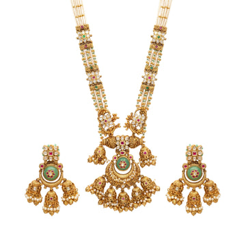 Kalyani Traditional Multicolour Stone Pearl-Strand Jhumka Necklace Set
