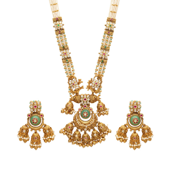 Kalyani Traditional Multicolour Stone Pearl-Strand Jhumka Necklace Set