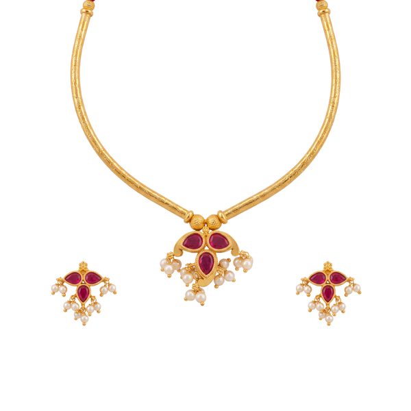 Amoda: Ruby Pearl Pendant Necklace Set