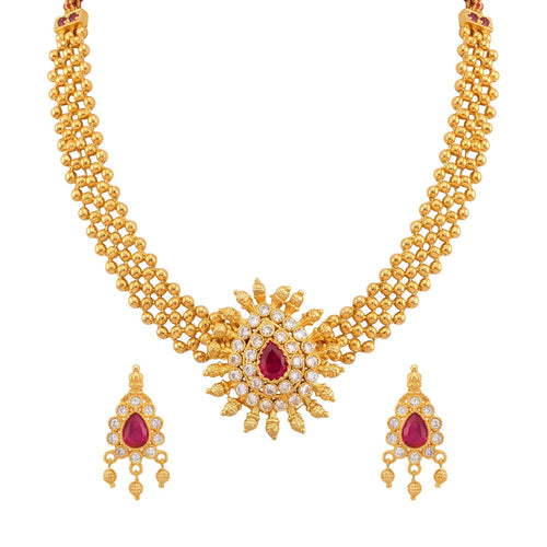 Layered Gold Bead Haar with Pear Ruby Medallion Necklace Set