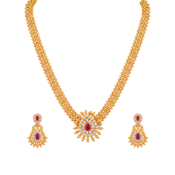 Layered Gold Bead Haar with Pear Ruby Medallion Necklace Set