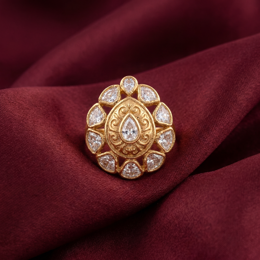 The Aadrika Nakshi Carved Polki Teardrop Ring