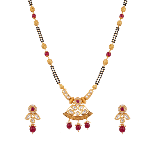 Traditional Kundan & Ruby Fan Pendant Gold Mangalsutra Set