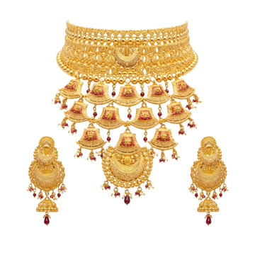 Samrajni Traditional Gold-Toned Tiered Bridal Choker Necklace Set