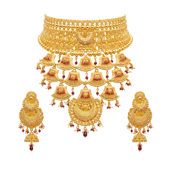 Samrajni Traditional Gold-Toned Tiered Bridal Choker Necklace Set