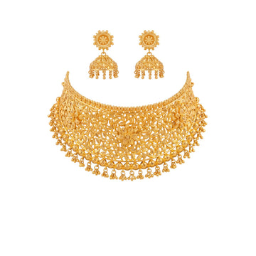 Kanchani Traditional Gold-Toned Floral Filigree Choker Necklace Set