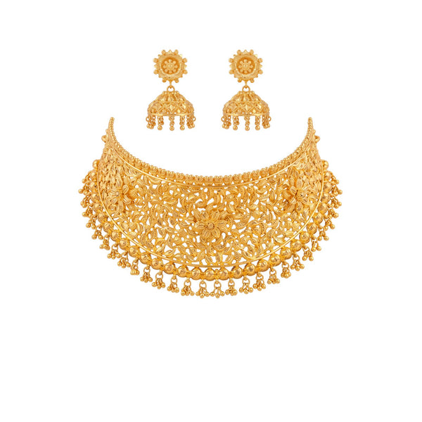 Kanchani Traditional Gold-Toned Floral Filigree Choker Necklace Set