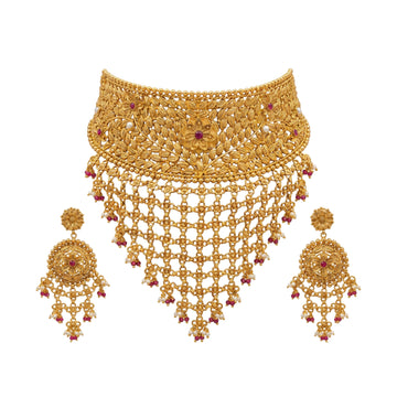 Chitramaya Traditional Gold-Toned Floral Jaali Bridal Choker Set