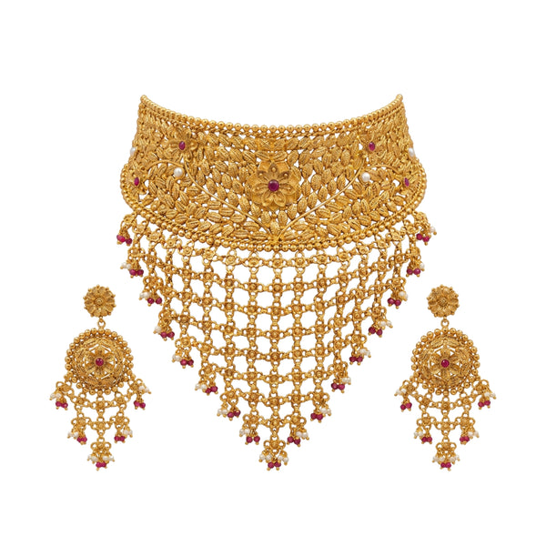Chitramaya Traditional Gold-Toned Floral Jaali Bridal Choker Set