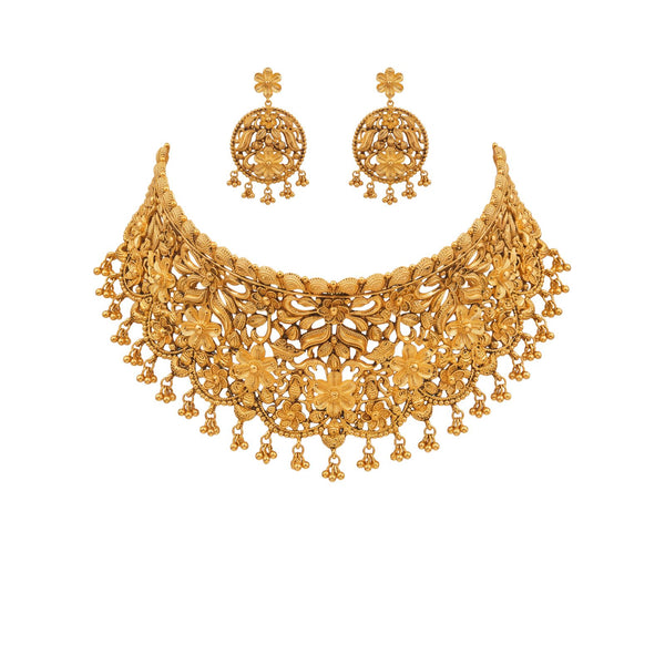 Sankirna Traditional Gold-Toned Floral Filigree Choker Necklace Set