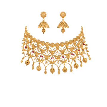 Phulbagh Traditional Gold-Toned Floral Jaali Choker Necklace Set