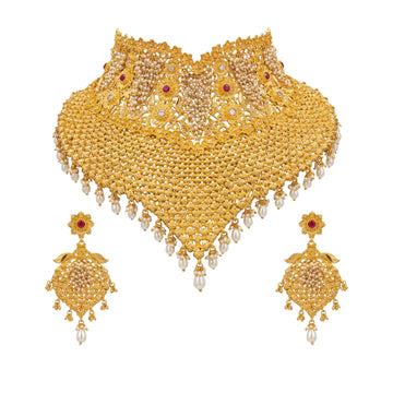 Aadya Traditional Gold-Toned Pearl-Embellished Bridal Choker Set