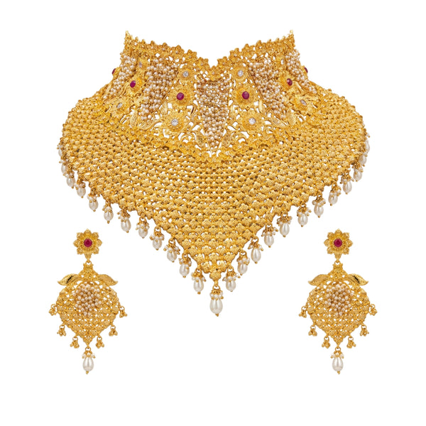 Aadya Traditional Gold-Toned Pearl-Embellished Bridal Choker Set