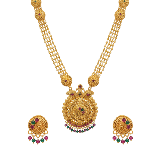 Rajwadi Haar: Layered Peacock Long Necklace Set