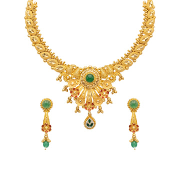 Kiranmayi Traditional Floral Green Stone Necklace Set