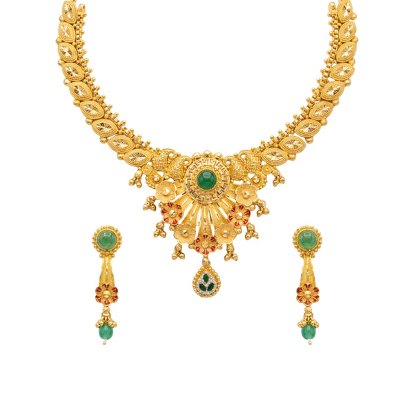 Kiranmayi Traditional Floral Green Stone Necklace Set