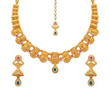 Ahom Traditional Gold-Toned Necklace Set with Jhumka Earrings and Maang Tikka