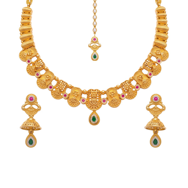 Ahom Traditional Gold-Toned Necklace Set with Jhumka Earrings and Maang Tikka