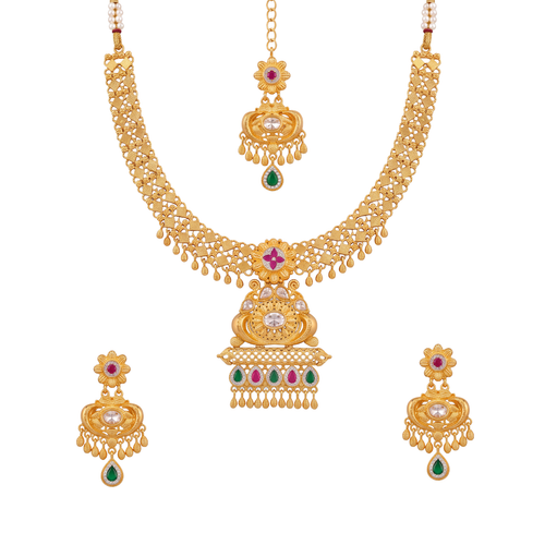 Purvaranga 24K Gold-Layered Necklace, Earrings and Maang Tikka Set