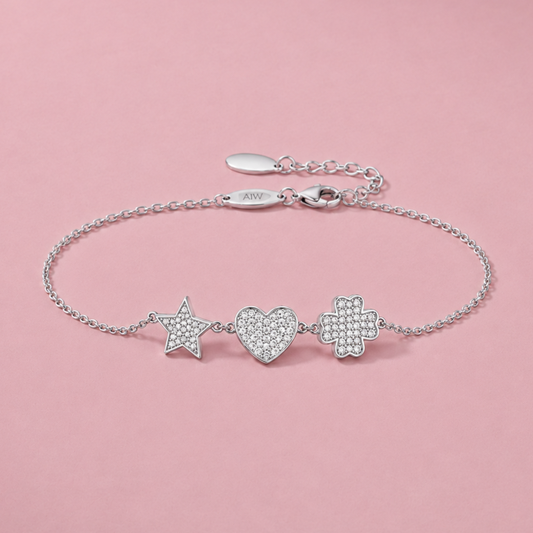 Celestial Star Heart Clover Bracelet in 925 Sterling Silver