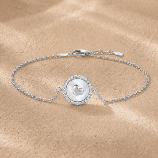 Mother-of-Pearl Heart Charm Bracelet in 925 Sterling Silver