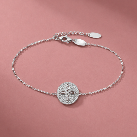 Round Floral Pave Diamond Bracelet in 925 Sterling Silver