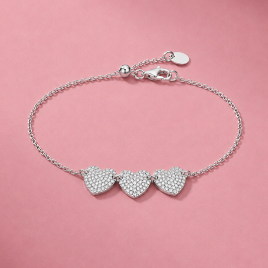 Triple Heart Pave Diamond Bracelet in 925 Sterling Silver