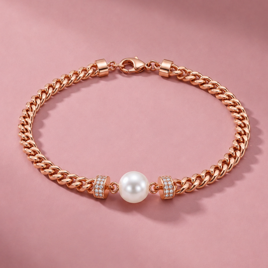 Rose Gold Pearl Station Link Bracelet in 925 Sterling Silver