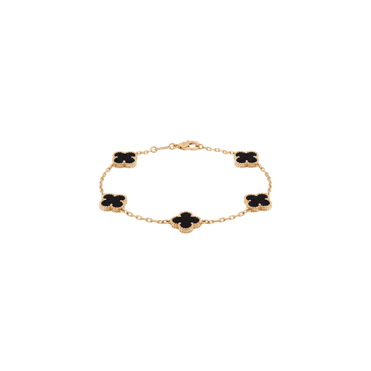 Noire: Black Quatrefoil Bracelet in Gold-Plated Sterling Silver